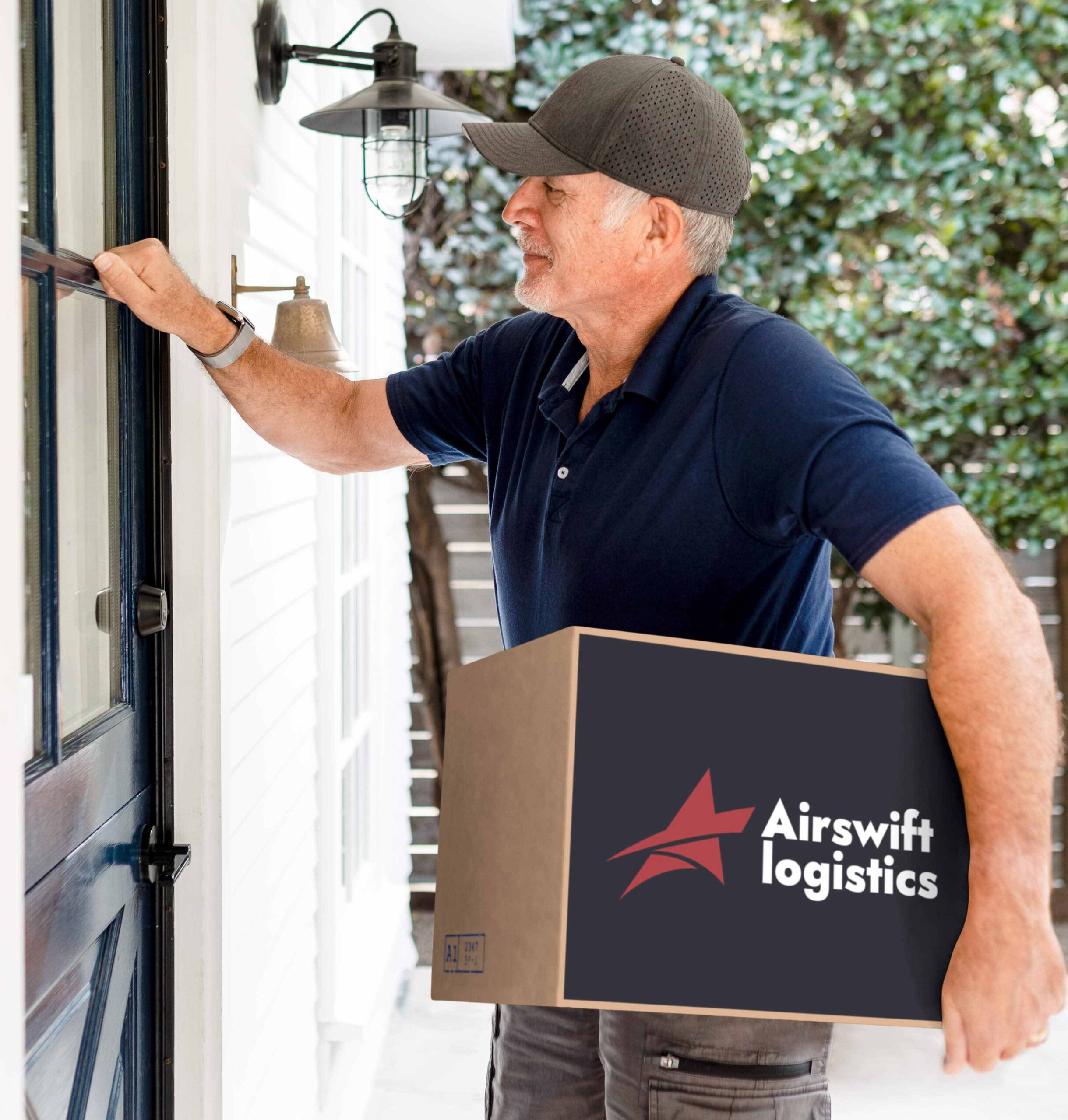 AirSwift Logistics courier delivering a branded parcel to a customer's door